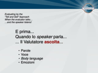 Evaluating by the  
“Tell and Sell” Approach
When the evaluator talks…
…and the speaker listens!
E prima...
Quando lo speaker parla...
... Il Valutatore ascolta...
• Parole
• Voce
• Body language
• Emozioni
 