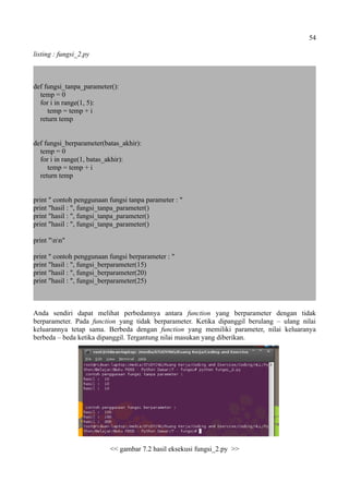 54
listing : fungsi_2.py
def fungsi_tanpa_parameter():
temp = 0
for i in range(1, 5):
temp = temp + i
return temp
def fungsi_berparameter(batas_akhir):
temp = 0
for i in range(1, batas_akhir):
temp = temp + i
return temp
print " contoh penggunaan fungsi tanpa parameter : "
print "hasil : ", fungsi_tanpa_parameter()
print "hasil : ", fungsi_tanpa_parameter()
print "hasil : ", fungsi_tanpa_parameter()
print "nn"
print " contoh penggunaan fungsi berparameter : "
print "hasil : ", fungsi_berparameter(15)
print "hasil : ", fungsi_berparameter(20)
print "hasil : ", fungsi_berparameter(25)
Anda sendiri dapat melihat perbedannya antara function yang berparameter dengan tidak
berparameter. Pada function yang tidak berparameter. Ketika dipanggil berulang – ulang nilai
keluarannya tetap sama. Berbeda dengan function yang memiliki parameter, nilai keluaranya
berbeda – beda ketika dipanggil. Tergantung nilai masukan yang diberikan.
<< gambar 7.2 hasil eksekusi fungsi_2.py >>
 