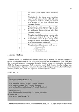 75
ini secara default dipakai untuk manipulasi
file
2 w
Membuka file dan hanya untuk penulisan
saja. Jika file yang dibuka sudah ada dan
menggunakan mode 'w', maka file tersebut
akan ditimpa. Jika file tidak ada maka akan
dibuatkan file baru.
3 a
Membuka file untuk penambahan isi file.
Pointer file disimpan di bagian akhir file jika
file tersebut ada. Jika file tidak ada maka akan
dibuatkan file baru.
4 b
Mode ini ditambahkan masing – masing pada
mode r, w,a menjadi rb, wb, ab. Dengan
menambahkan mode b pada setiap mode
manipulasi standar. Maka pemba file caan file
akan dilakukan dalam format biner
5 +
Mode ini ditambahkan kedalam mode r, w, a.
 r+ : baca dan tulis
 w+ : tulis dan baca
 a+ : tambah dan baca
Membuat File Baru
Agar lebih paham kita akan mencoba membuat sebuah file txt. Pertama kita biasakan cegah error
dengan menggunakan try-except dan tangkap exception IOError, agar jika terjadi error kelak, kita
bisa menanganinya dengan lebih mudah. Kemudian di dalam blok try-except tersebut buat sebuah
objek file dengan menggunakan built-in function open(). Pada function tersebut terdapat dua
parameter yang biasa digunakan yaitu, nama file serta mode manipulasi file-nya. Karena kita ingin
membuat file baru, maka mode “w” digunakan pada kasus pertama berikut :
listing : file_1.py
try:
sebuah_file = open("absen.txt", 'w')
print "nama file yang tadi dibuat : ", sebuah_file.name
print "mode pembacaan file : ", sebuah_file.mode
print "apakah filenya udah ditutup ? : ", sebuah_file.closed
sebuah_file.close()
print "apakah filenya udah ditutup ? : ", sebuah_file.closed
except IOError, e:
print "proses gagal karena : ", e
Ketika kita sudah membuka sebuah file dan terbentuk objek file. Kita dapat mengakses method dan
 