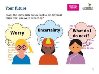 You might be at a point
in your education where
you are being asked to
make decisions about
your future, but to know
the right way to go, it’s
important that you have
got lots of information
about the different
choices available to you.
Does the immediate future look a bit different
than what you were expecting?
The COVID-19
lockdown that we all
found ourselves in may
have made you
uncertain about your
education choices, and
about your future,
which may have made
you feel confused and
nervous to make
decisions.
Don’t worry, you’re not
alone – everyone is
feeling this way at the
moment.
However, It is really
important not to
lose momentum
and to push
forward with your
future education
plans.
It doesn’t stop you
from taking the
next step on your
journey.
3
Your future
 