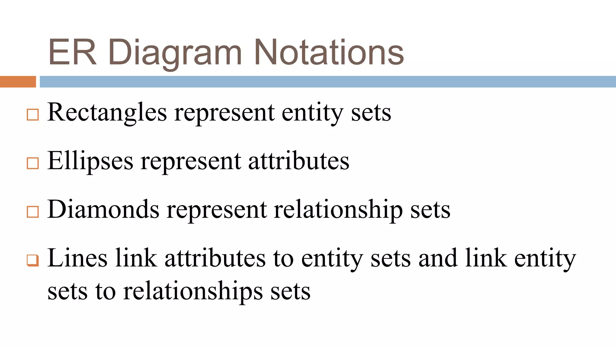 ER Diagram Notations
 Rectangles represent entity sets
 Ellipses represent attributes
 Diamonds represent relationship sets
 Lines link attributes to entity sets and link entity
sets to relationships sets
 