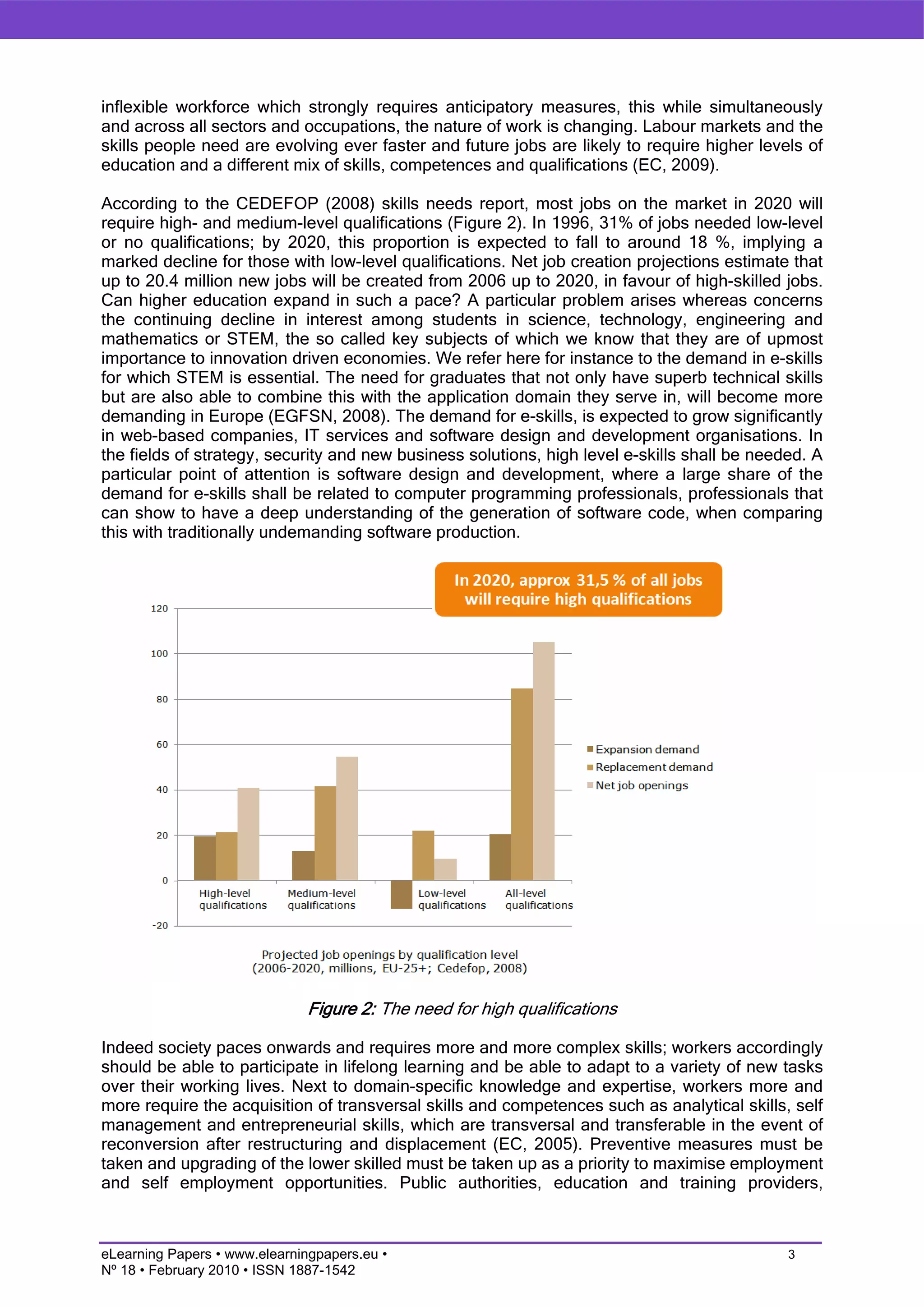 inflexible workforce which strongly requires anticipatory measures, this while simultaneously
and across all sectors and occupations, the nature of work is changing. Labour markets and the
skills people need are evolving ever faster and future jobs are likely to require higher levels of
education and a different mix of skills, competences and qualifications (EC, 2009).

According to the CEDEFOP (2008) skills needs report, most jobs on the market in 2020 will
require high- and medium-level qualifications (Figure 2). In 1996, 31% of jobs needed low-level
or no qualifications; by 2020, this proportion is expected to fall to around 18 %, implying a
marked decline for those with low-level qualifications. Net job creation projections estimate that
up to 20.4 million new jobs will be created from 2006 up to 2020, in favour of high-skilled jobs.
Can higher education expand in such a pace? A particular problem arises whereas concerns
the continuing decline in interest among students in science, technology, engineering and
mathematics or STEM, the so called key subjects of which we know that they are of upmost
importance to innovation driven economies. We refer here for instance to the demand in e-skills
for which STEM is essential. The need for graduates that not only have superb technical skills
but are also able to combine this with the application domain they serve in, will become more
demanding in Europe (EGFSN, 2008). The demand for e-skills, is expected to grow significantly
in web-based companies, IT services and software design and development organisations. In
the fields of strategy, security and new business solutions, high level e-skills shall be needed. A
particular point of attention is software design and development, where a large share of the
demand for e-skills shall be related to computer programming professionals, professionals that
can show to have a deep understanding of the generation of software code, when comparing
this with traditionally undemanding software production.




                               Figure 2: The need for high qualifications

Indeed society paces onwards and requires more and more complex skills; workers accordingly
should be able to participate in lifelong learning and be able to adapt to a variety of new tasks
over their working lives. Next to domain-specific knowledge and expertise, workers more and
more require the acquisition of transversal skills and competences such as analytical skills, self
management and entrepreneurial skills, which are transversal and transferable in the event of
reconversion after restructuring and displacement (EC, 2005). Preventive measures must be
taken and upgrading of the lower skilled must be taken up as a priority to maximise employment
and self employment opportunities. Public authorities, education and training providers,



eLearning Papers • www.elearningpapers.eu •                                                   3
Nº 18 • February 2010 • ISSN 1887-1542
 