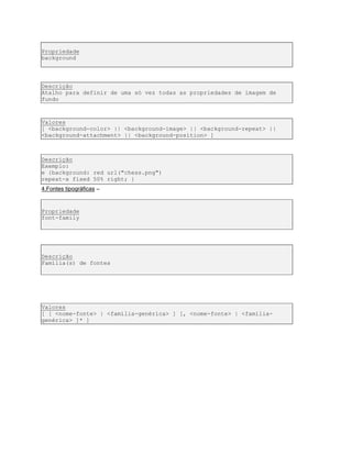 Propriedade
background
Descrição
Atalho para definir de uma só vez todas as propriedades de imagem de
fundo
Valores
[ <background-color> || <background-image> || <background-repeat> ||
<background-attachment> || <background-position> ]
Descrição
Exemplo:
e {background: red url("chess.png")
repeat-x fixed 50% right; }
4.Fontes tipográficas –
Propriedade
font-family
Descrição
Família(s) de fontes
Valores
[ [ <nome-fonte> | <família-genérica> ] [, <nome-fonte> | <família-
genérica> ]* ]
 