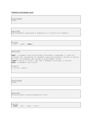 6.Modelo de formatação visual –
Propriedade
float
Descrição
Posicionamento adjacente à esquerda ou à direita do elemento
Valores
{ left | right | none ]
Descrição
left: o elemento será posicionado flutuando à esquerda. O fluxo do
conteúdo não integrante do elemento será posicionado à direita a partir
do 'top' do elemento que recebe a propriedade 'float'
right: similar à 'left', mas com o elemento flutuando à direita
none: o elemento não flutua
Exemplo:
e {float: right;}
Propriedade
clear
Descrição
Controle para os posicionamentos float
Valores
[ none | left | right | both ]
 