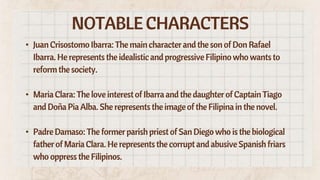 NOTABLECHARACTERS
• JuanCrisostomoIbarra:The maincharacterandthe sonofDonRafael
Ibarra.Herepresentsthe idealisticandprogressiveFilipinowho wantsto
reformthesociety.
• MariaClara:The love interestofIbarraandthe daughterofCaptainTiago
andDoña PiaAlba.She representstheimageof theFilipinain thenovel.
• PadreDamaso:The formerparishpriestof SanDiegowho is thebiological
fatherofMariaClara.He representsthecorruptandabusiveSpanishfriars
who oppress theFilipinos.
 