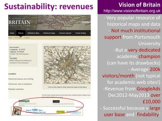 Sustainability: revenues

Vision of Britain
http://www.visionofbritain.org.uk

- Very popular resource of
historical maps and data
- Not much institutional
support from Portsmouth
University
-But a very dedicated
academic champion
(can have its drawbacks)
- Average 200k
visitors/month (not typical
for academic web sites!)
-Revenue from GoogleAds
Dec2012-May2013 over
£10,000
- Successful because v large
user base and ‘findability’

 