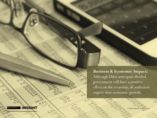 © BRUNSWICK | 2014 | 18
Business & Economic Impact:
Although Elites anticipate divided
government will have a positive
effect on the economy, all audiences
expect slow economic growth.
© BRUNSWICK | 2014 | 18
 