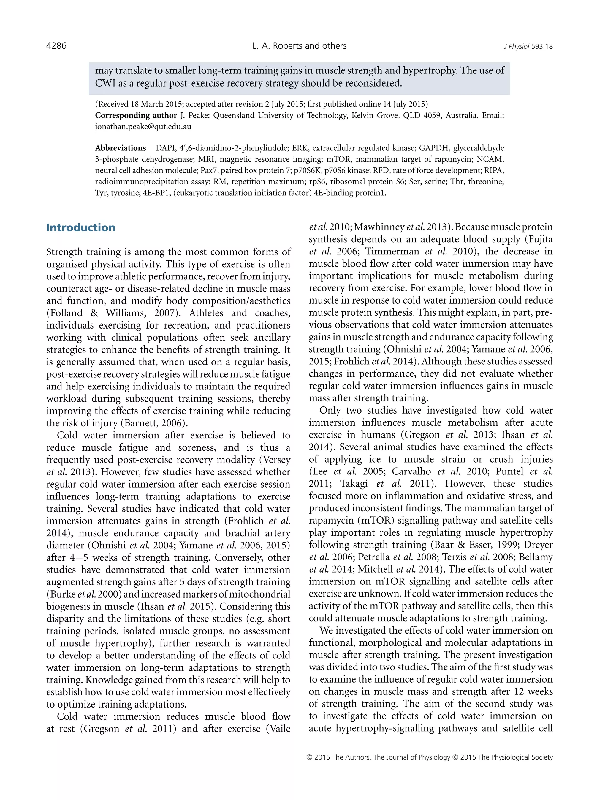 Post exercise cold water immersion attenuates acute anabolic signalling