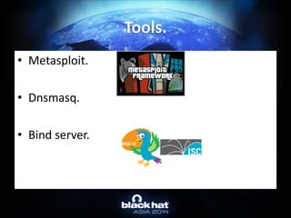 • Metasploit.
• Dnsmasq.
• Bind server.
Tools.
 
