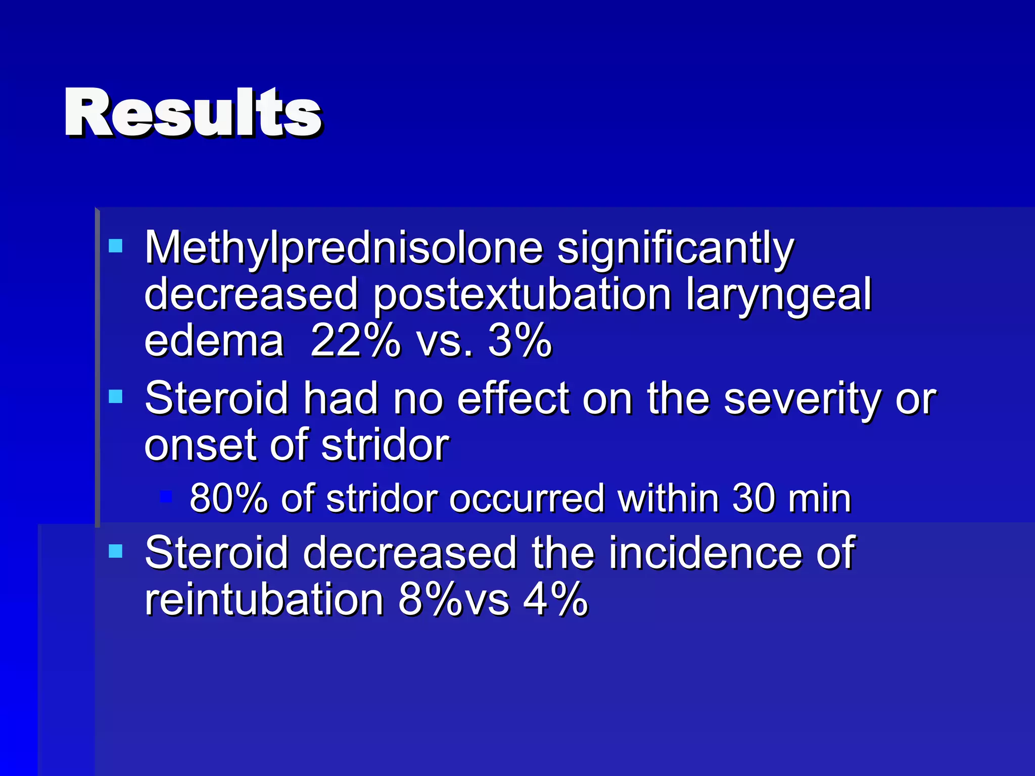 Results Methylprednisolone significantly decreased postextubation laryngeal edema  22% vs. 3% Steroid had no effect on the severity or onset of stridor 80% of stridor occurred within 30 min  Steroid decreased the incidence of reintubation 8%vs 4% 