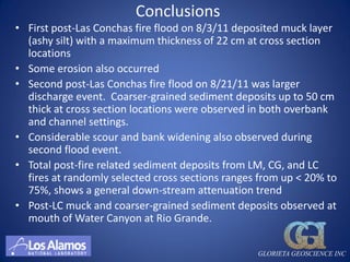 Conclusions
• First post-Las Conchas fire flood on 8/3/11 deposited muck layer
  (ashy silt) with a maximum thickness of 22 cm at cross section
  locations
• Some erosion also occurred
• Second post-Las Conchas fire flood on 8/21/11 was larger
  discharge event. Coarser-grained sediment deposits up to 50 cm
  thick at cross section locations were observed in both overbank
  and channel settings.
• Considerable scour and bank widening also observed during
  second flood event.
• Total post-fire related sediment deposits from LM, CG, and LC
  fires at randomly selected cross sections ranges from up < 20% to
  75%, shows a general down-stream attenuation trend
• Post-LC muck and coarser-grained sediment deposits observed at
  mouth of Water Canyon at Rio Grande.

                                                  GLORIETA GEOSCIENCE INC
 