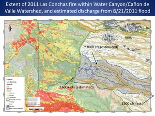 Extent of 2011 Las Conchas fire within Water Canyon/Cañon de
Valle Watershed, and estimated discharge from 8/21/2011 flood




                                      ~3000 cfs (estimated)




                       1600+ cfs (estimated)



                                                              3500 cfs (est.)
 