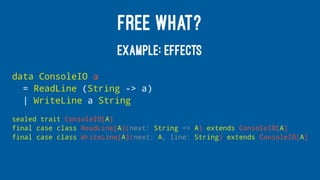FREE WHAT?
EXAMPLE: EFFECTS
data ConsoleIO a
= ReadLine (String -> a)
| WriteLine a String
sealed trait ConsoleIO[A]
final case class ReadLine[A](next: String => A) extends ConsoleIO[A]
final case class WriteLine[A](next: A, line: String) extends ConsoleIO[A]
 