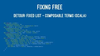 FIXING FREE
DETOUR: FIXED LIST — COMPOSABLE TERMS (SCALA)
def empty[A]: List[A] =
Fixed[EmptyOrConsOrCat, A](
CLeft[Empty, ConsOrCat, List, A](Empty[List, A]()))
def cons[A](a: A, as: List[A]): List[A] =
Fixed[EmptyOrConsOrCat, A](
CRight[Empty, ConsOrCat, List, A](
CLeft[Cons, Concat, List, A](Cons[List, A](a, as))))
def concat[A](first: List[A], last: List[A]): List[A] =
Fixed[EmptyOrConsOrCat, A](
CRight[Empty, ConsOrCat, List, A](
CRight[Cons, Concat, List, A](Concat[List, A](first, last))))
def uncons[A](as: List[A]): Option[(A, List[A])] = as.unfix match {
case _ : CLeft[Empty, ConsOrCat, List, A] => None
case v : CRight[Empty, ConsOrCat, List, A] => v.value match {
case v : CLeft[Cons, Concat, List, A] => Some((v.value.head, v.value.tail))
case v : CRight[Cons, Concat, List, A] => uncons(v.value.first) match {
case None => uncons(v.value.last)
case Some((a, as)) => Some((a, concat(as, v.value.last)))
}
}
}
 