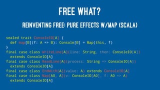 FREE WHAT?
REINVENTING FREE: PURE EFFECTS W/MAP (SCALA)
sealed trait ConsoleIO[A] {
def map[B](f: A => B): Console[B] = Map(this, f)
}
final case class WriteLine[A](line: String, then: ConsoleIO[A])
extends ConsoleIO[A]
final case class ReadLine[A](process: String => ConsoleIO[A])
extends ConsoleIO[A]
final case class EndWith[A](value: A) extends ConsoleIO[A]
final case class Map[A0, A](v: ConsoleIO[A0], f: A0 => A)
extends ConsoleIO[A]
 