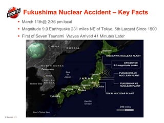 Fukushima Nuclear Accident – Key Facts
 March 11th@ 2:36 pm local
 Magnitude 9.0 Earthquake 231 miles NE of Tokyo, 5th Largest Since 1900
 First of Seven Tsunami Waves Arrived 41 Minutes Later
© Bechtel | 3
 
