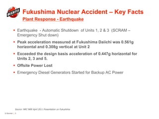 Fukushima Nuclear Accident – Key Facts
Plant Response - Earthquake
© Bechtel | 5
 Earthquake - Automatic Shutdown of Units 1, 2 & 3 (SCRAM –
Emergency Shut down)
 Peak acceleration measured at Fukushima Daiichi was 0.561g
horizontal and 0.308g vertical at Unit 2
 Exceeded the design basis acceleration of 0.447g horizontal for
Units 2, 3 and 5.
 Offsite Power Lost
 Emergency Diesel Generators Started for Backup AC Power
Source: NRC NRR April 2011 Presentation on Fukushima
 