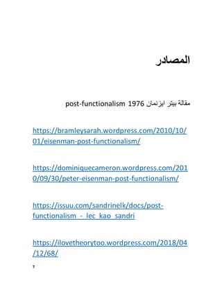 7
‫المصادر‬
‫مقالة‬
‫بيتر‬
‫ايزنمان‬
post-functionalism 1976
https://bramleysarah.wordpress.com/2010/10/
01/eisenman-post-functionalism/
https://dominiquecameron.wordpress.com/201
0/09/30/peter-eisenman-post-functionalism/
https://issuu.com/sandrinelk/docs/post-
functionalism_-_lec_kao_sandri
https://ilovetheorytoo.wordpress.com/2018/04
/12/68/
 