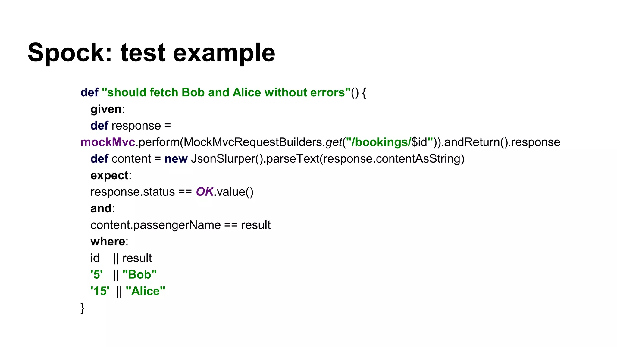 Spock: test example
def "should fetch Bob and Alice without errors"() {
given:
def response =
mockMvc.perform(MockMvcRequestBuilders.get("/bookings/$id")).andReturn().response
def content = new JsonSlurper().parseText(response.contentAsString)
expect:
response.status == OK.value()
and:
content.passengerName == result
where:
id || result
'5' || "Bob"
'15' || "Alice"
}
 