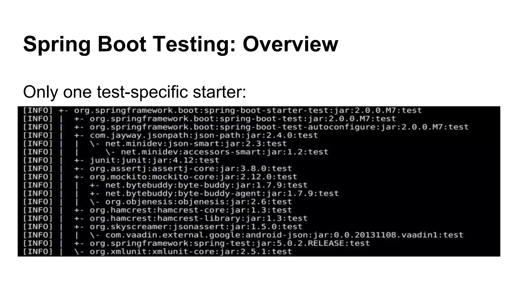 Spring Boot Testing: Overview
Only one test-specific starter:
 