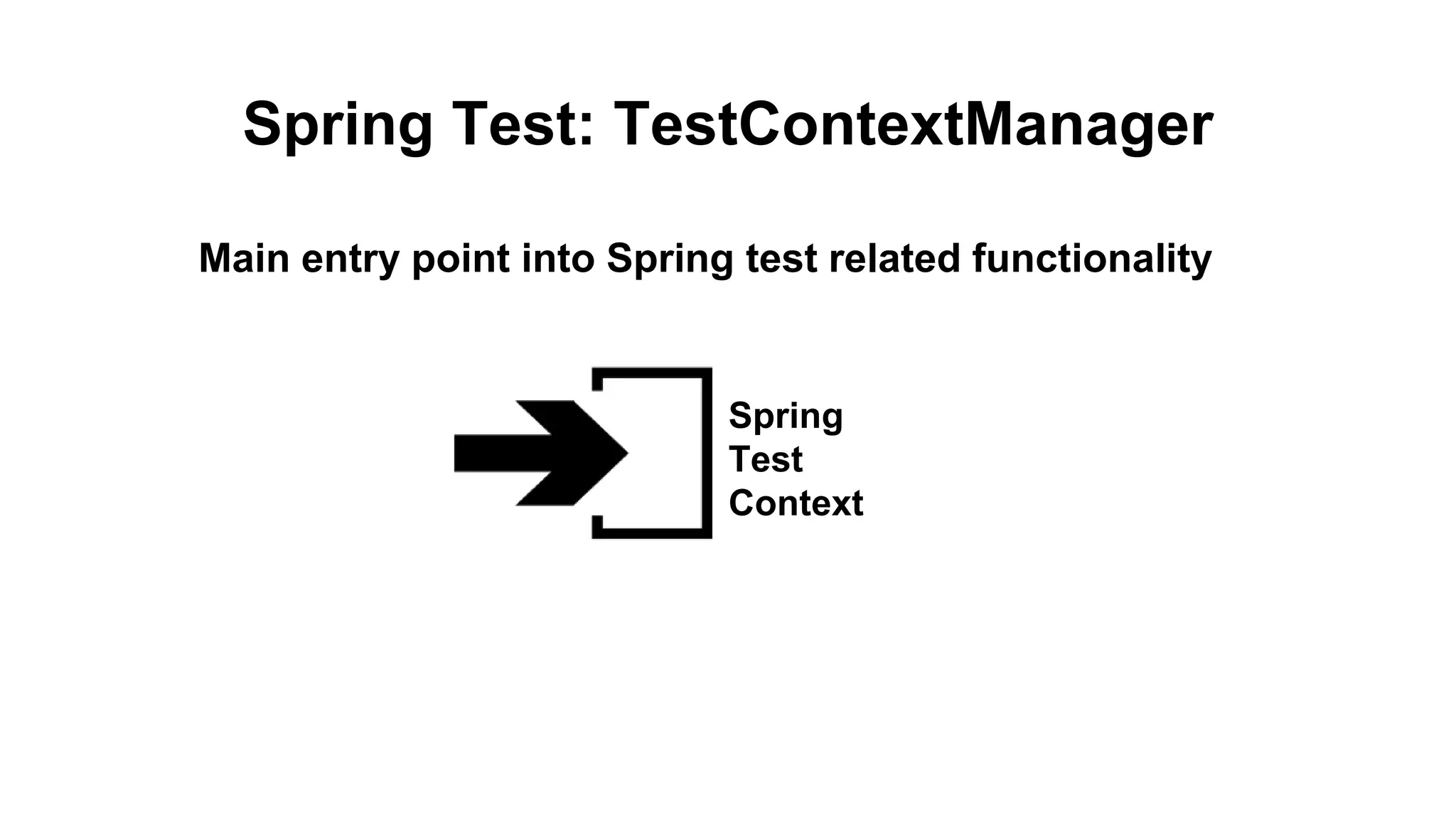 Spring Test: TestContextManager
Main entry point into Spring test related functionality
Spring
Test
Context
 