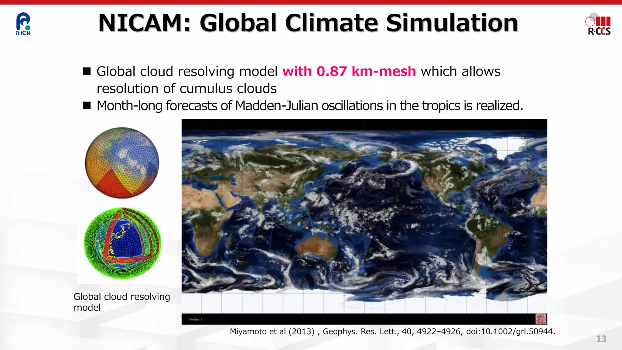 NICAM: Global Climate Simulation
◼ Global cloud resolving model with 0.87 km-mesh which allows
resolution of cumulus clouds
◼ Month-long forecasts of Madden-Julian oscillations in the tropics is realized.
Global cloud resolving
model
Miyamoto et al (2013) , Geophys. Res. Lett., 40, 4922–4926, doi:10.1002/grl.50944.
13
 