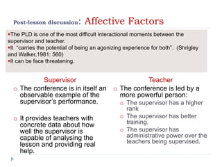 Post-lesson discussion: Affective Factors
Supervisor
o The conference is in itself an
observable example of the
supervisor’s performance.
o It provides teachers with
concrete data about how
well the supervisor is
capable of analysing the
lesson and providing real
help.
Teacher
o The conference is led by a
more powerful person:
o The supervisor has a higher
rank
o The supervisor has better
training.
o The supervisor has
administrative power over the
teachers being supervised.
The PLD is one of the most difficult interactional moments between the
supervisor and teacher.
It “carries the potential of being an agonizing experience for both”. (Shrigley
and Walker,1981: 560)
It can be face threatening.
 