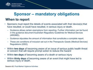 Sponsor – mandatory obligations
• Sponsors must report the details of events associated with their device(s) that
have resulted, or could have resulted, in serious injury or death.
– Guidance allows certain exemptions from reporting. Further information can be found
in the guidance document Australian Regulatory Guidelines for Medical Devices
(ARGMD).
– Guidance stipulates the amount of information that constitutes a complete report.
– These are conditions of inclusion set out in the Therapeutic Goods (Medical Devices)
Regulations (2002).
• Within two days of becoming aware of an issue of serious public health threat
or concern that will require prompt action to reduce the hazard
• Within ten days of becoming aware of a death or serious injury
• Within thirty days of becoming aware of an event that might have led to
serious injury or death.
When to reportn to report
Session A3: Post-Market Vigilance Activities
 