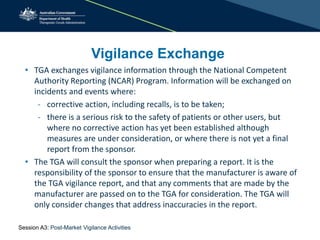 Vigilance Exchange
• TGA exchanges vigilance information through the National Competent
Authority Reporting (NCAR) Program. Information will be exchanged on
incidents and events where:
- corrective action, including recalls, is to be taken;
- there is a serious risk to the safety of patients or other users, but
where no corrective action has yet been established although
measures are under consideration, or where there is not yet a final
report from the sponsor.
• The TGA will consult the sponsor when preparing a report. It is the
responsibility of the sponsor to ensure that the manufacturer is aware of
the TGA vigilance report, and that any comments that are made by the
manufacturer are passed on to the TGA for consideration. The TGA will
only consider changes that address inaccuracies in the report.
Session A3: Post-Market Vigilance Activities
 