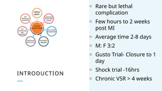 INTRODUCTION
o Rare but lethal
complication
o Few hours to 2 weeks
post MI
o Average time 2-8 days
o M: F 3:2
o Gusto Trial- Closure to 1
day
o Shock trial -16hrs
o Chronic VSR > 4 weeks
 
