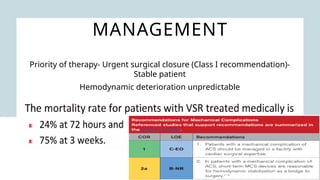 MANAGEMENT
Priority of therapy- Urgent surgical closure (Class I recommendation)-
Stable patient
Hemodynamic deterioration unpredictable
 