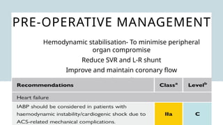 PRE-OPERATIVE MANAGEMENT
Hemodynamic stabilisation- To minimise peripheral
organ compromise
Reduce SVR and L-R shunt
Improve and maintain coronary flow
Maintain cardiac out
 