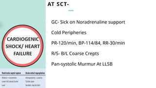 AT SCT-
o GC- Sick on Noradrenaline support
o Cold Peripheries
o PR-120/min, BP-114/84, RR-30/min
o R/S- B/L Coarse Crepts
o Pan-systolic Murmur At LLSB
 