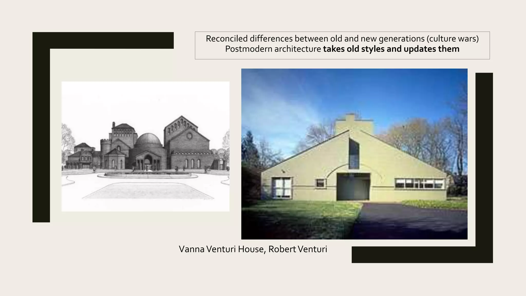 Reconciled differences between old and new generations (culture wars)
Postmodern architecture takes old styles and updates them
VannaVenturi House, RobertVenturi
 