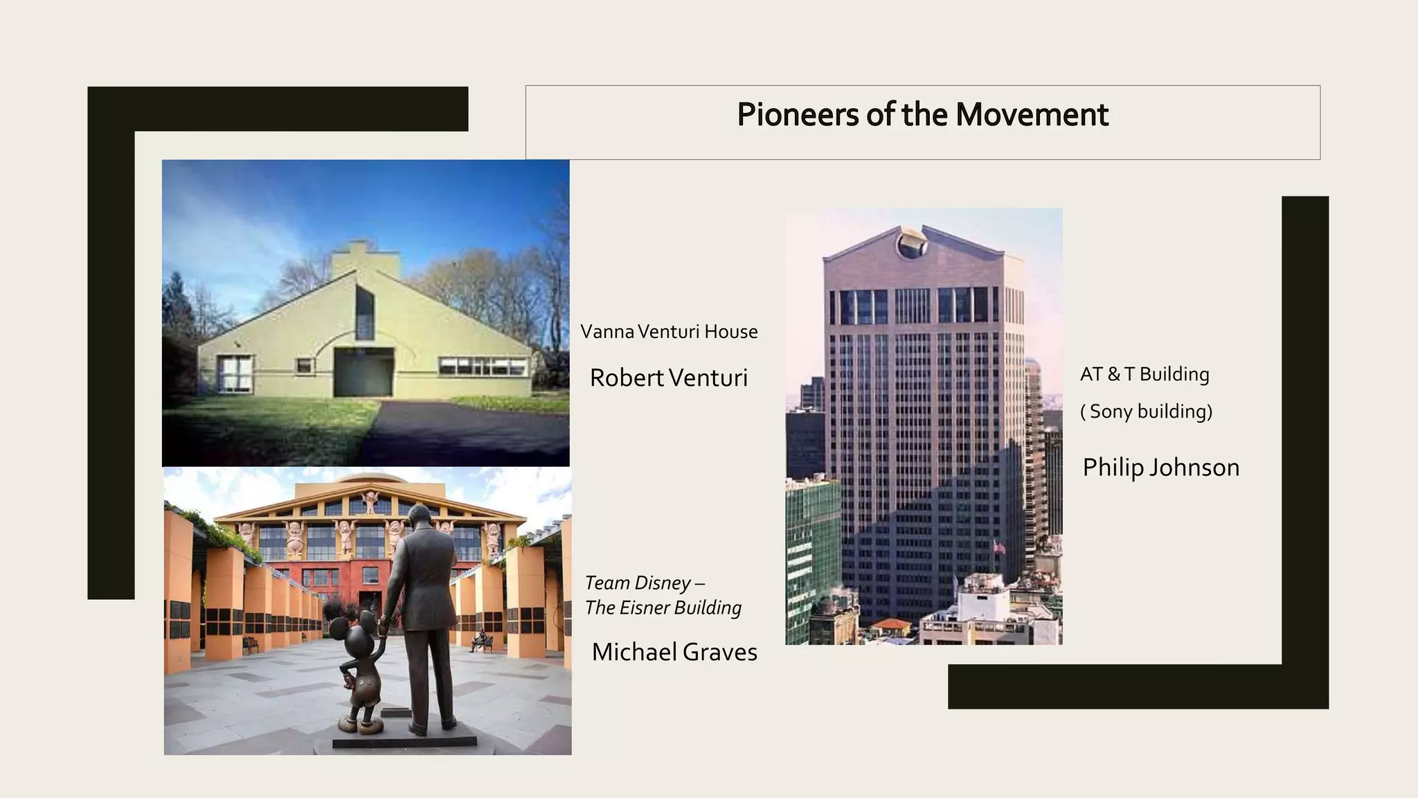 RobertVenturi
Philip Johnson
Michael Graves
VannaVenturi House
Team Disney –
The Eisner Building
AT &T Building
( Sony building)
 