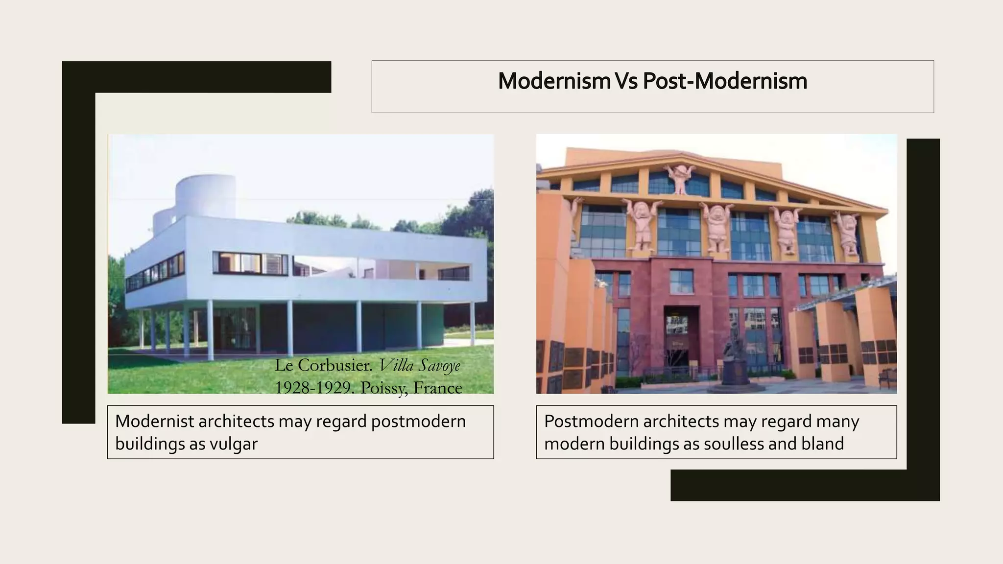 Modernist architects may regard postmodern
buildings as vulgar
Postmodern architects may regard many
modern buildings as soulless and bland
Le Corbusier. Villa Savoye
1928-1929. Poissy, France
 