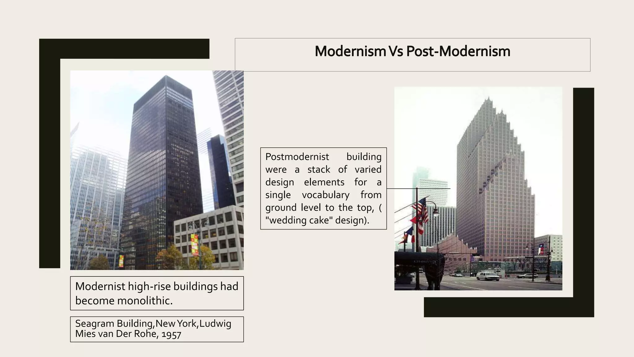 Postmodernist building
were a stack of varied
design elements for a
single vocabulary from
ground level to the top, (
"wedding cake" design).
Modernist high-rise buildings had
become monolithic.
Seagram Building,NewYork,Ludwig
Mies van Der Rohe, 1957
 