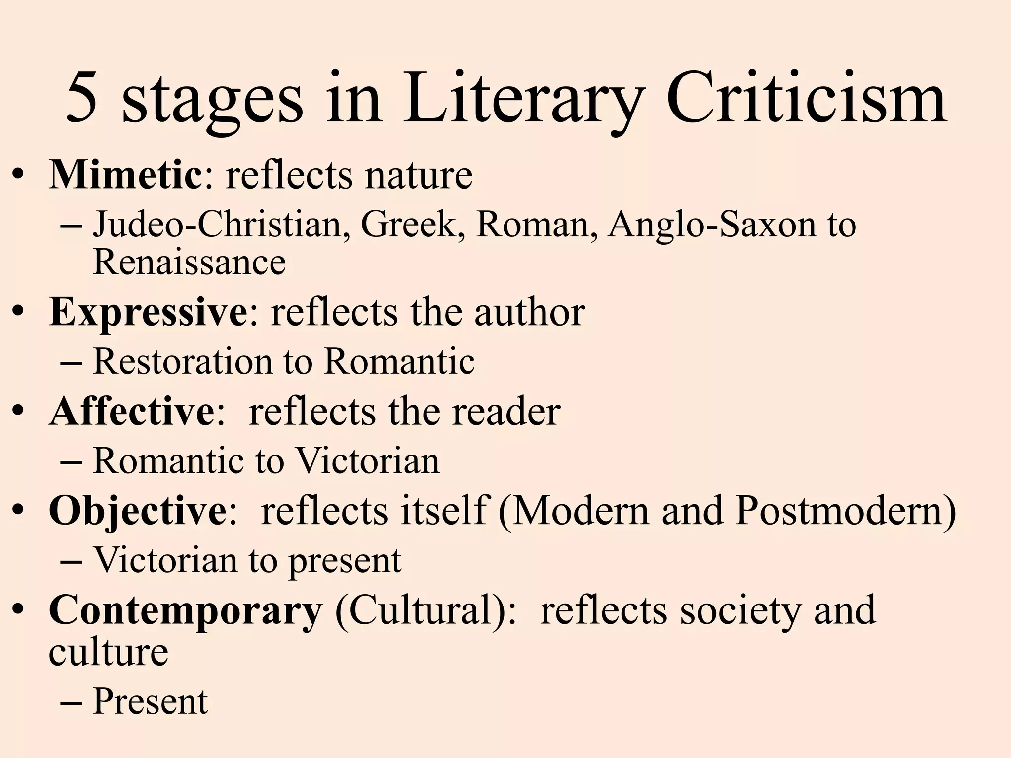 5 stages in Literary Criticism
• Mimetic: reflects nature
  – Judeo-Christian, Greek, Roman, Anglo-Saxon to
    Renaissance
• Expressive: reflects the author
  – Restoration to Romantic
• Affective: reflects the reader
  – Romantic to Victorian
• Objective: reflects itself (Modern and Postmodern)
  – Victorian to present
• Contemporary (Cultural): reflects society and
  culture
  – Present
 