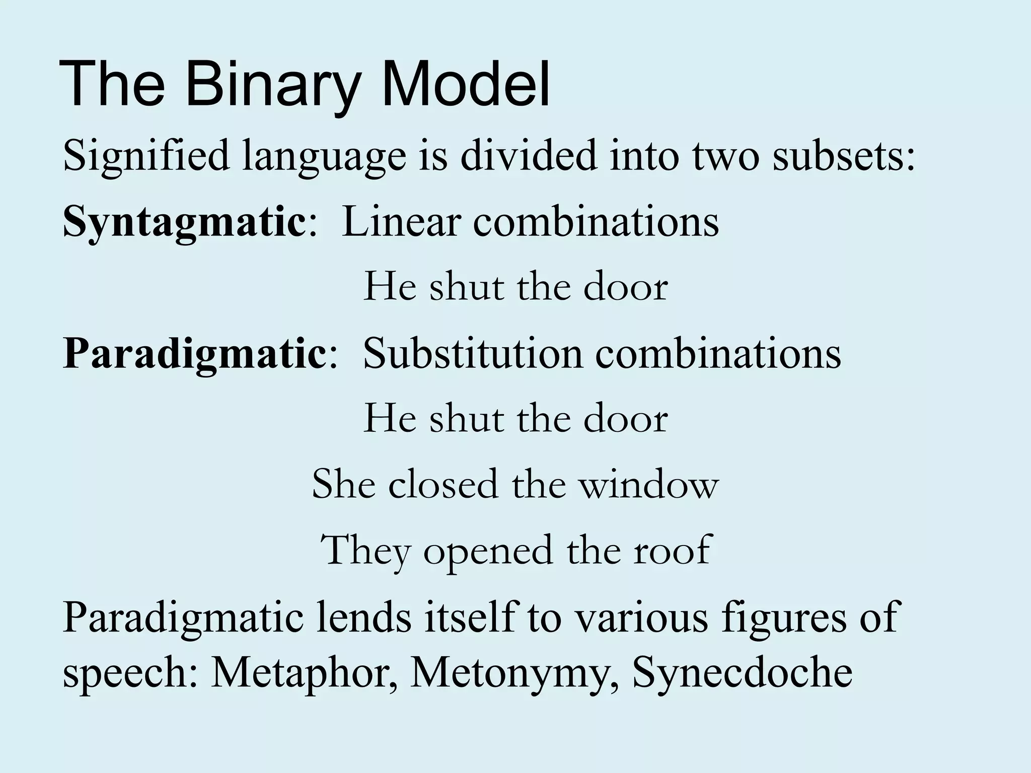The Binary Model
Signified language is divided into two subsets:
Syntagmatic: Linear combinations
                He shut the door
Paradigmatic: Substitution combinations
                He shut the door
              She closed the window
              They opened the roof
Paradigmatic lends itself to various figures of
speech: Metaphor, Metonymy, Synecdoche
 