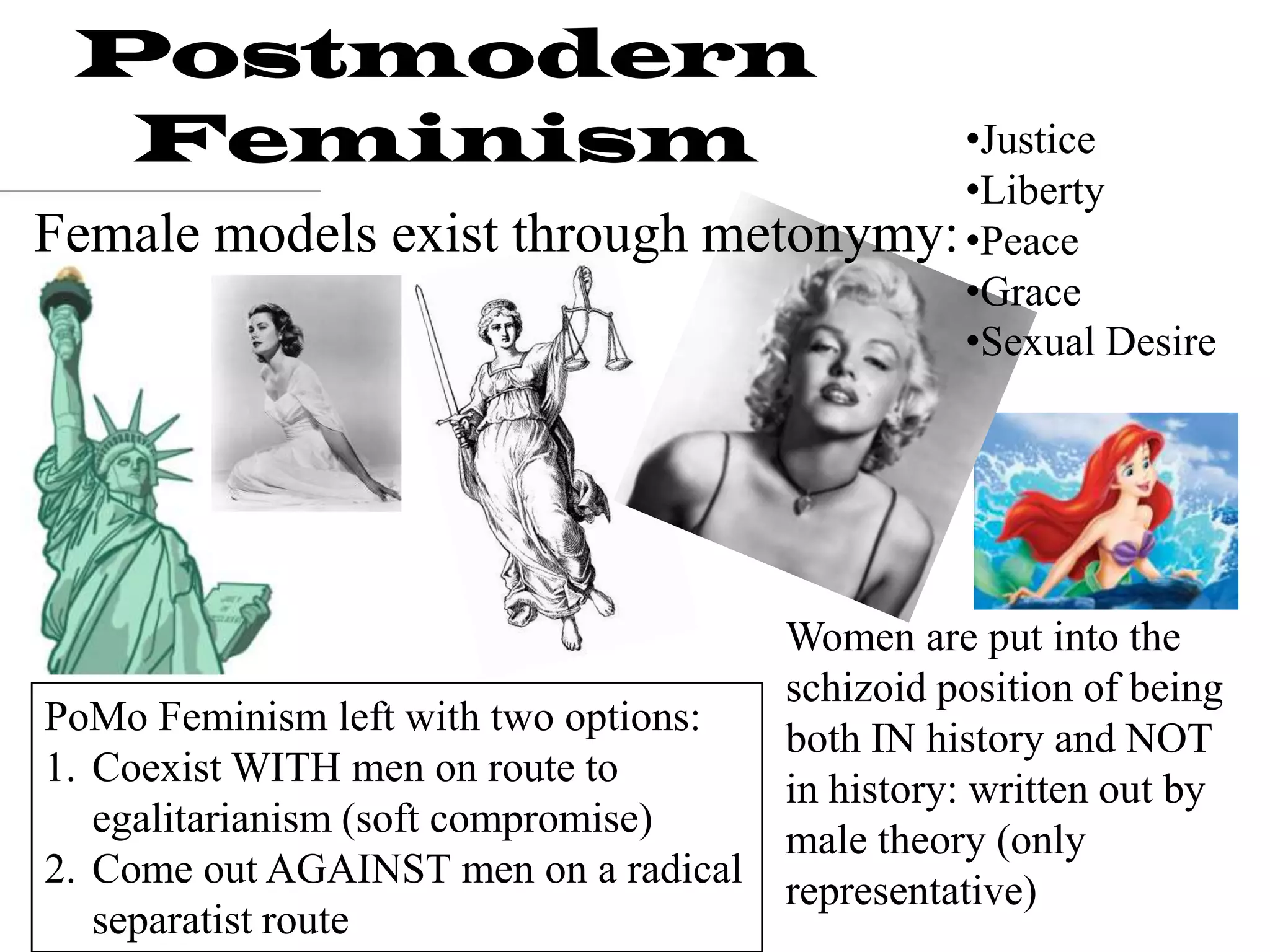 Postmodern
  Feminism                                 •Justice
                                           •Liberty
Female models exist through      metonymy: •Peace
                                           •Grace
                                           •Sexual Desire




                                       Women are put into the
                                       schizoid position of being
PoMo Feminism left with two options:
                                       both IN history and NOT
1. Coexist WITH men on route to
                                       in history: written out by
   egalitarianism (soft compromise)
                                       male theory (only
2. Come out AGAINST men on a radical
                                       representative)
   separatist route
 