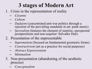 3 stages of Modern Art
1. Crisis in the representation of reality
  – Cézanne
  – Cubism
  – Dadaism (concentrated anti-war politics through a
    rejection of the prevailing standards in art: punk music)
  – Surrealism (features the element of surprise, unexpected
    juxtapositions and non-sequitur: Salvador Dalí)
2. Presentation of the unpresentable
  –   Suprematism (focused on fundamental geometric forms)
  –   Constructivism (art as a practice for social purposes)
  –   Abstract Expressionism
  –   Minimalism
3. Non-presentation (abandoning of the aesthetic
   process)
  – Conceptualism
 