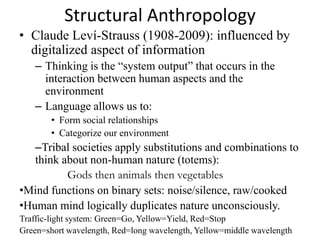 Structural Anthropology
• Claude Leví-Strauss (1908-2009): influenced by
  digitalized aspect of information
   – Thinking is the “system output” that occurs in the
     interaction between human aspects and the
     environment
   – Language allows us to:
        • Form social relationships
        • Categorize our environment
   –Tribal societies apply substitutions and combinations to
   think about non-human nature (totems):
          Gods then animals then vegetables
•Mind functions on binary sets: noise/silence, raw/cooked
•Human mind logically duplicates nature unconsciously.
Traffic-light system: Green=Go, Yellow=Yield, Red=Stop
Green=short wavelength, Red=long wavelength, Yellow=middle wavelength
 