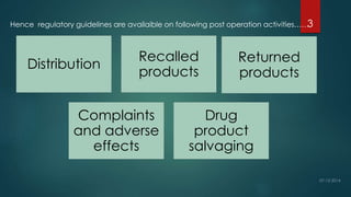 Hence regulatory guidelines are availaible on following post operation activities…… 
Distribution 
Recalled 
products 
Returned 
products 
Complaints 
and adverse 
effects 
Drug 
product 
salvaging 
3 
 