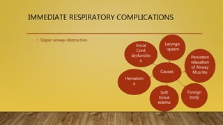 IMMEDIATE RESPIRATORY COMPLICATIONS
• Upper airway obstruction
Causes
Vocal
Cord
dysfunctio
n
Laryngo
-spasm
Persistent
relaxation
of Airway
Muscles
Soft
tissue
edema
Hematom
a
Foreign
body
 