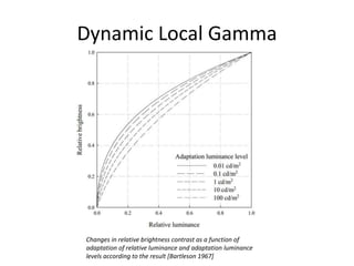Dynamic Local Gamma
Changes in relative brightness contrast as a function of
adaptation of relative luminance and adaptation luminance
levels according to the result [Bartleson 1967]
 