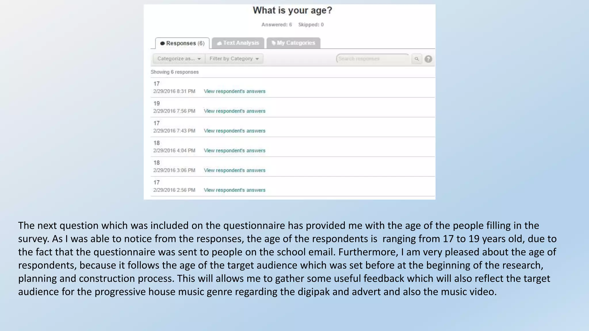 The next question which was included on the questionnaire has provided me with the age of the people filling in the
survey. As I was able to notice from the responses, the age of the respondents is ranging from 17 to 19 years old, due to
the fact that the questionnaire was sent to people on the school email. Furthermore, I am very pleased about the age of
respondents, because it follows the age of the target audience which was set before at the beginning of the research,
planning and construction process. This will allows me to gather some useful feedback which will also reflect the target
audience for the progressive house music genre regarding the digipak and advert and also the music video.
 