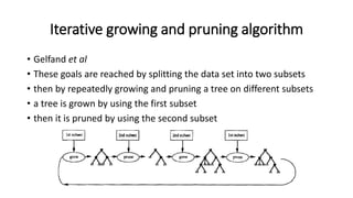 Iterative growing and pruning algorithm
• Gelfand et al
• These goals are reached by splitting the data set into two subsets
• then by repeatedly growing and pruning a tree on different subsets
• a tree is grown by using the first subset
• then it is pruned by using the second subset
 