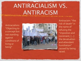 ANTIRACIALISM VS.
         ANTIRACISM
                     Antiracism: “the 
                     risk of death” in 
Antiracialism:
                     the name of 
“Objecting to 
                     refusing the 
a concept but 
                     “impostion and 
not standing 
                     constraint, [...] 
against 
                     the devaluation 
conditions of 
                     and attendant 
living or 
                     humiliation” 
being”
                     caused by being 
                     raced. 
 