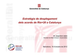 Estratègia de desplegament
dels acords de Rio+20 a Catalunya




                                   Sr. Josep Enric Llebot
                   Secretari de Medi Ambient i Sostenibilitat




                   Barcelona, 19 d’octubre de 2012
 