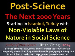 Father of Post-Science Hugh Ching 2014
Solution of Value: http://www.infinitespreadsheet.com/verify.htm
Completely Automation: http://www.humanlanguageprogramming.com

Post-Science Institute: http://www.postscience.com

 